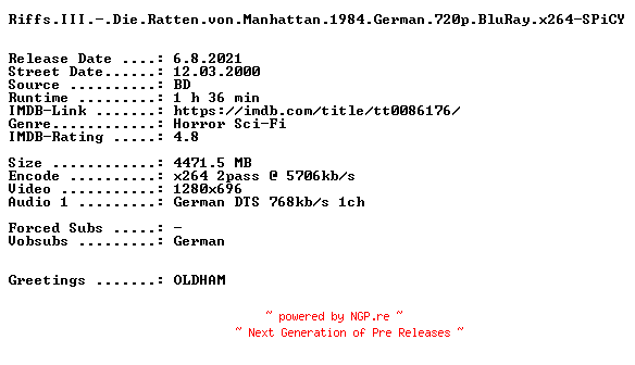 NFO for the release Riffs.III.-.Die.Ratten.von.Manhattan.1984.German.720p.BluRay.x264-SPiCY by SPiCY