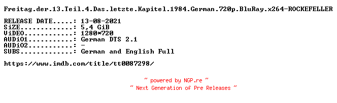 NFO for the release Freitag.der.13.Teil.4.Das.letzte.Kapitel.1984.German.720p.BluRay.x264-ROCKEFELLER by ROCKEFELLER