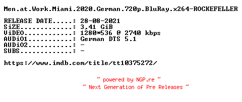 NFO for the release Men.at.Work.Miami.2020.German.720p.BluRay.x264-ROCKEFELLER by ROCKEFELLER
