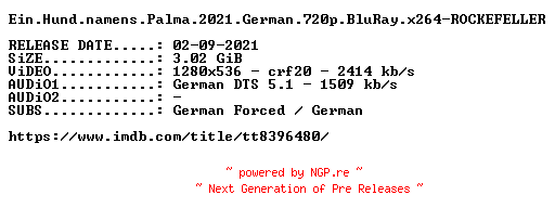 NFO for the release Ein.Hund.namens.Palma.2021.German.720p.BluRay.x264-ROCKEFELLER by ROCKEFELLER