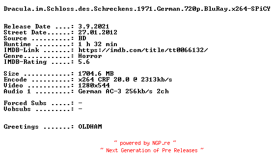 NFO for the release Dracula.im.Schloss.des.Schreckens.1971.German.720p.BluRay.x264-SPiCY by SPiCY