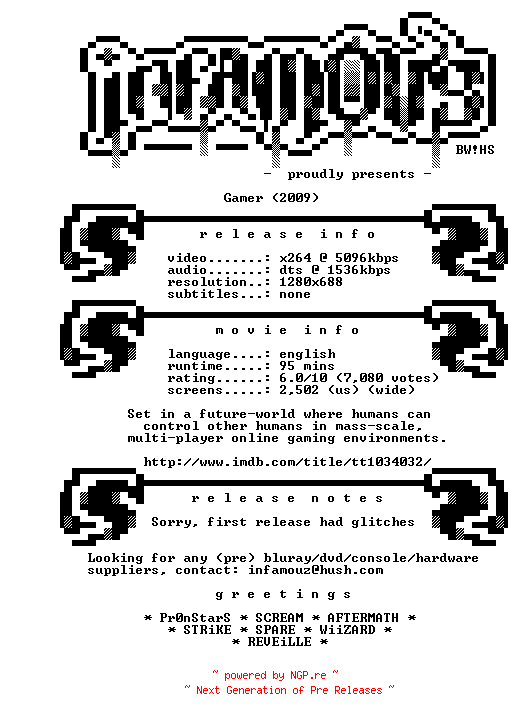 NFO for the release Gamer.REPACK.720p.BluRay.x264-iNFAMOUS by iNFAMOUS