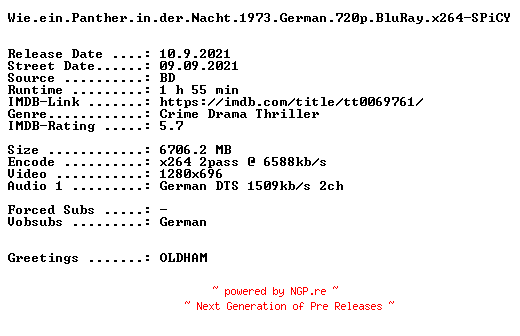 NFO for the release Wie.ein.Panther.in.der.Nacht.1973.German.720p.BluRay.x264-SPiCY by SPiCY