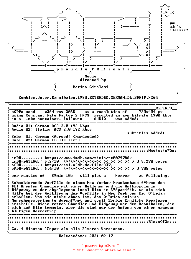 NFO for the release Zombies.Unter.Kannibalen.1980.EXTENDED.GERMAN.DL.BDRIP.X264-WATCHABLE by WATCHABLE