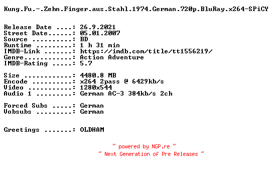 NFO for the release Kung.Fu.-.Zehn.Finger.aus.Stahl.1974.German.720p.BluRay.x264-SPiCY by SPiCY
