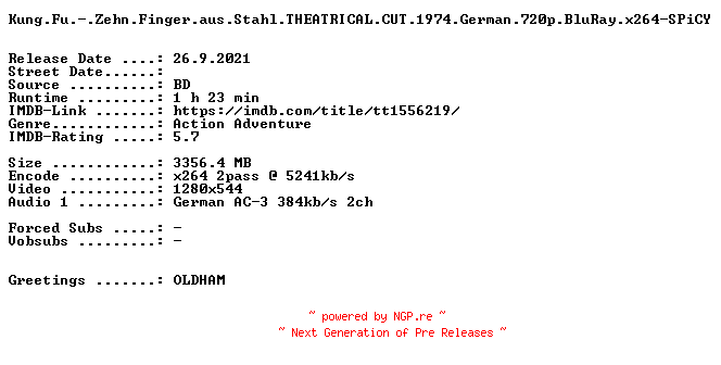 NFO for the release Kung.Fu.-.Zehn.Finger.aus.Stahl.THEATRICAL.CUT.1974.German.720p.BluRay.x264-SPiCY by SPiCY