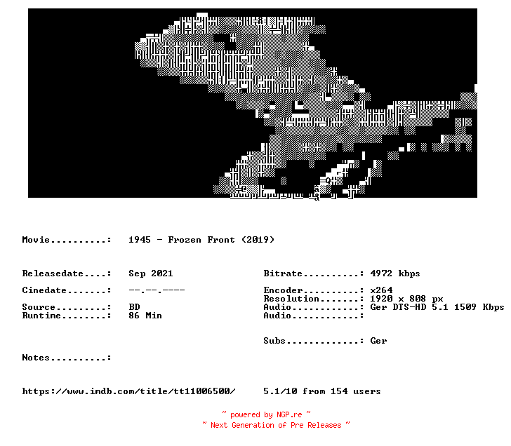 NFO for the release 1945.Frozen.Front.2019.German.BDRip.x264-LizardSquad by LizardSquad