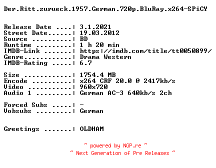NFO for the release Der.Ritt.zurueck.1957.German.720p.BluRay.x264-SPiCY by SPiCY