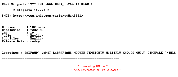 NFO for the release Stigmata.1999.iNTERNAL.BDRip.x264-TABULARiA by TABULARiA