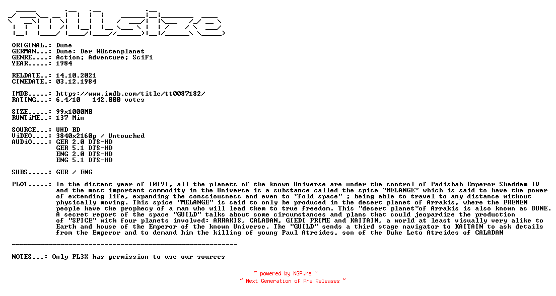 NFO for the release Dune.1984.DUAL.COMPLETE.UHD.BLURAY-FULLSiZE by FULLSiZE