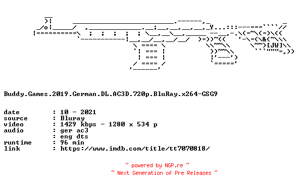 NFO for the release Buddy.Games.2019.German.DL.AC3D.720p.BluRay.x264-GSG9 by GSG9