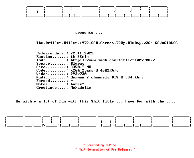 NFO for the release The.Driller.Killer.1979.OAR.German.720p.BluRay.x264-SAVASTANOS by SAVASTANOS
