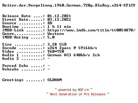 NFO for the release Reiter.der.Vergeltung.1960.German.720p.BluRay.x264-SPiCY by SPiCY
