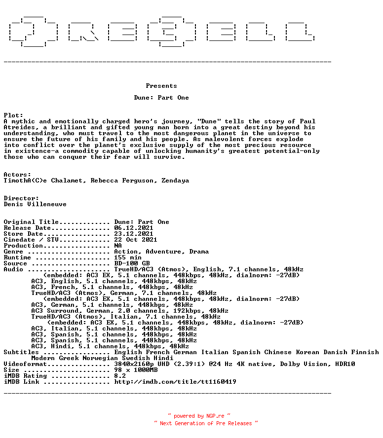 NFO for the release Dune.Part.One.2021.COMPLETE.UHD.BLURAY-PRECELL by PRECELL