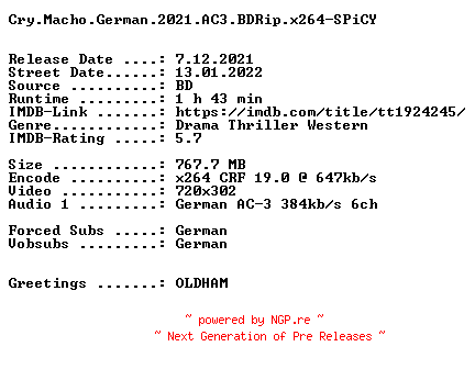 NFO for the release Cry.Macho.German.2021.AC3.BDRip.x264-SPiCY by SPiCY