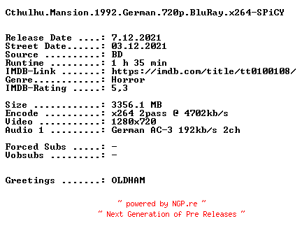 NFO for the release Cthulhu.Mansion.1992.German.720p.BluRay.x264-SPiCY by SPiCY