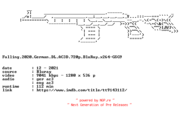 NFO for the release Falling.2020.German.DL.AC3D.720p.BluRay.x264-GSG9 by GSG9