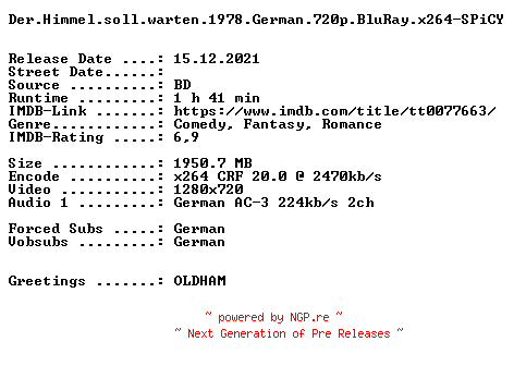 NFO for the release Der.Himmel.soll.warten.1978.German.720p.BluRay.x264-SPiCY by SPiCY