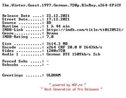 NFO for the release The.Winter.Guest.1997.German.720p.BluRay.x264-SPiCY by SPiCY
