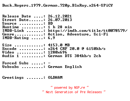 NFO for the release Buck.Rogers.1979.OPEN.MATTE.German.720p.BluRay.x264-SPiCY by SPiCY