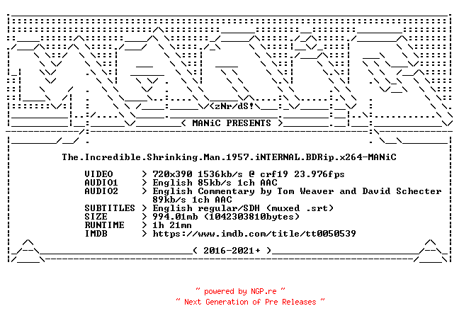 NFO for the release The.Incredible.Shrinking.Man.1957.iNTERNAL.BDRip.x264-MANiC by MANiC