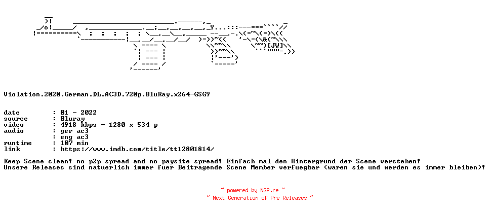 NFO for the release Violation.2020.German.DL.AC3D.720p.BluRay.x264-GSG9 by GSG9