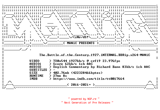 NFO for the release The.Battle.of.the.Century.1927.iNTERNAL.BDRip.x264-MANiC by MANiC