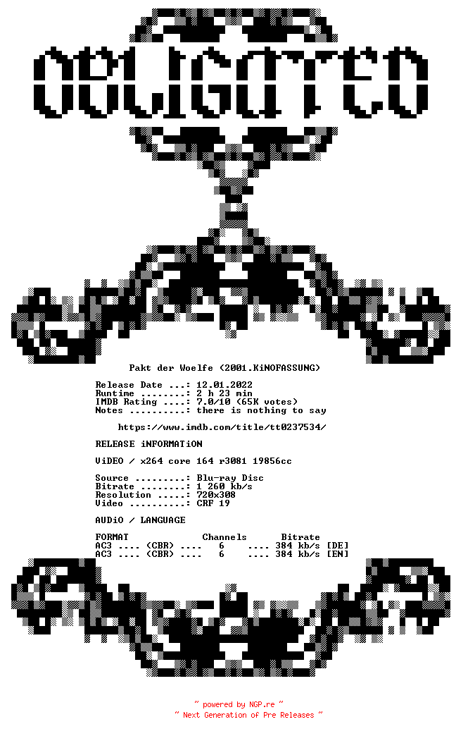 NFO for the release Pakt.der.Woelfe.2001.KiNOFASSUNG.German.DL.BDRip.x264.iNTERNAL-OBLiGATED by OBLiGATED