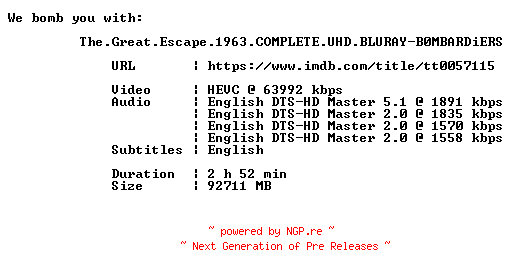 NFO for the release The.Great.Escape.1963.COMPLETE.UHD.BLURAY-B0MBARDiERS by B0MBARDiERS