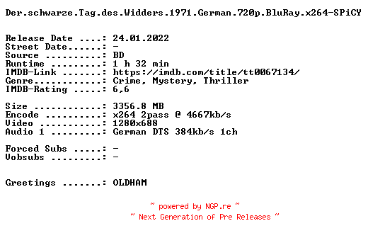 NFO for the release Der.schwarze.Tag.des.Widders.1971.German.720p.BluRay.x264-SPiCY by SPiCY