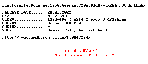 NFO for the release Die.fuenfte.Kolonne.1956.German.720p.BluRay.x264-ROCKEFELLER by ROCKEFELLER