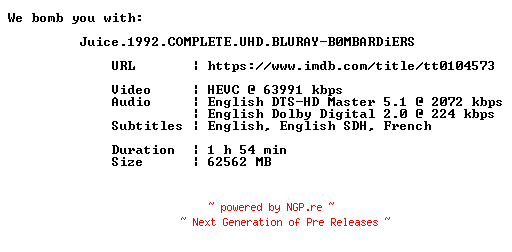 NFO for the release Juice.1992.COMPLETE.UHD.BLURAY-B0MBARDiERS by B0MBARDiERS
