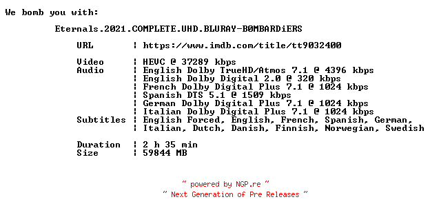 NFO for the release Eternals.2021.COMPLETE.UHD.BLURAY-B0MBARDiERS by B0MBARDiERS