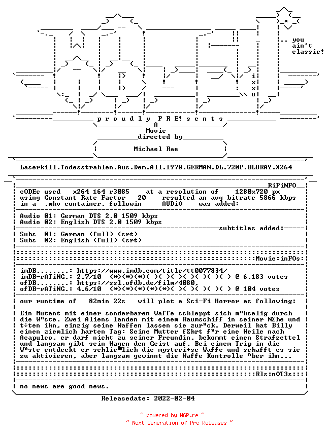NFO for the release Laserkill.Todesstrahlen.Aus.Dem.All.1978.GERMAN.DL.720P.BLURAY.X264-WATCHABLE by WATCHABLE