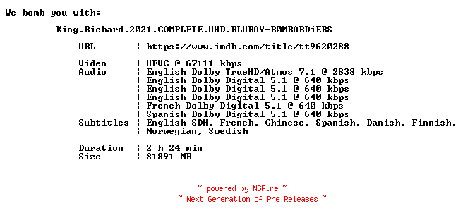 NFO for the release King.Richard.2021.COMPLETE.UHD.BLURAY-B0MBARDiERS by B0MBARDiERS