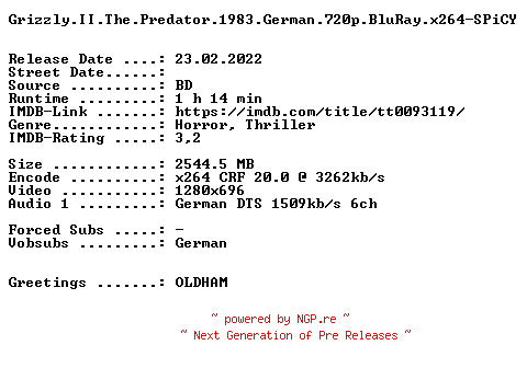 NFO for the release Grizzly.II.The.Predator.1983.German.720p.BluRay.x264-SPiCY by SPiCY