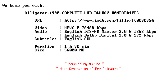 NFO for the release Alligator.1980.COMPLETE.UHD.BLURAY-B0MBARDiERS by B0MBARDiERS