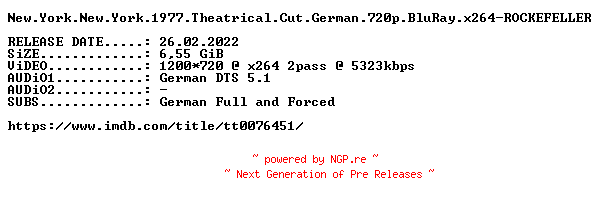 NFO for the release New.York.New.York.1977.Theatrical.Cut.German.720p.BluRay.x264-ROCKEFELLER by ROCKEFELLER