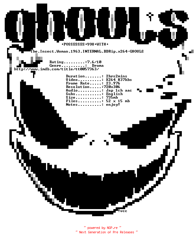NFO for the release The.Insect.Woman.1963.INTERNAL.BDRip.x264-GHOULS by GHOULS
