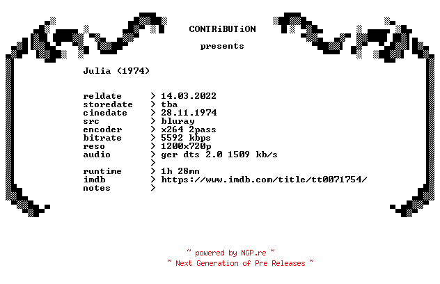 NFO for the release Julia.1974.German.720p.Bluray.x264-CONTRiBUTiON by CONTRiBUTiON