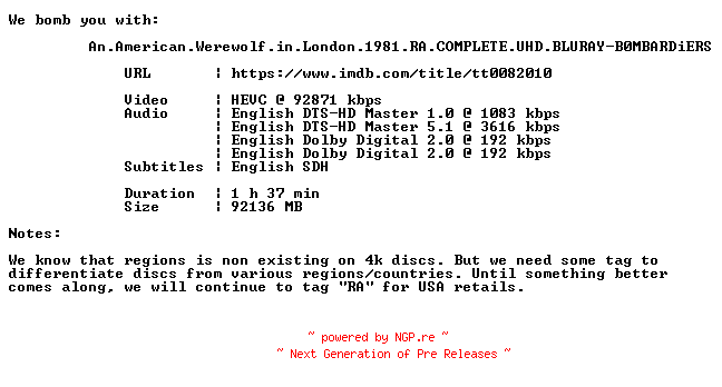 NFO for the release An.American.Werewolf.in.London.1981.RA.COMPLETE.UHD.BLURAY-B0MBARDiERS by B0MBARDiERS