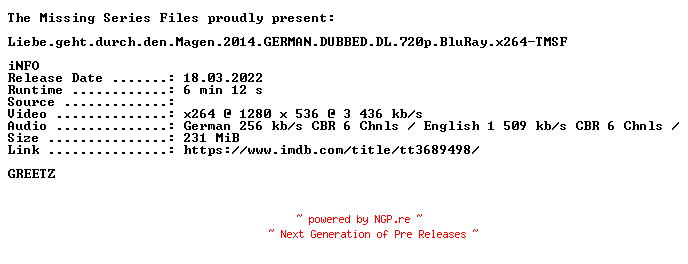 NFO for the release Liebe.geht.durch.den.Magen.2014.GERMAN.DUBBED.DL.720p.BluRay.x264-TMSF by TMSF