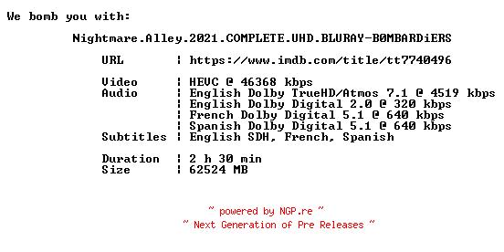 NFO for the release Nightmare.Alley.2021.COMPLETE.UHD.BLURAY-B0MBARDiERS by B0MBARDiERS