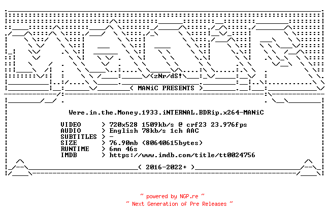 NFO for the release Were.in.the.Money.1933.iNTERNAL.BDRip.x264-MANiC by MANiC