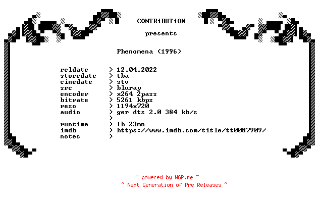 NFO for the release Phenomena.1985.CREEPERS.CUT.German.720p.BluRay.x264-CONTRiBUTiON by CONTRiBUTiON