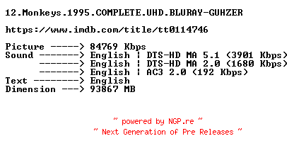 NFO for the release 12.Monkeys.1995.COMPLETE.UHD.BLURAY-GUHZER by GUHZER