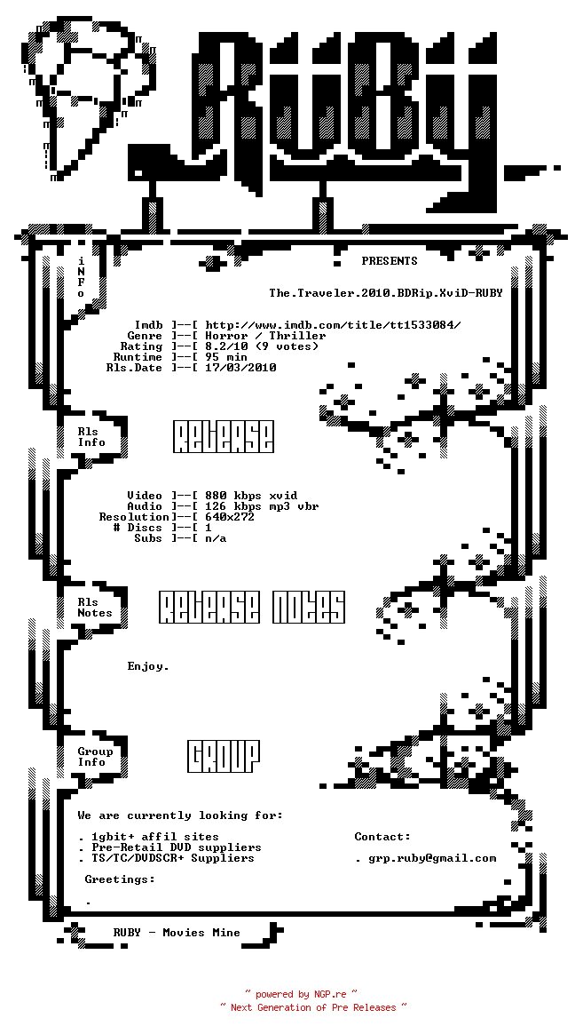 NFO for the release The.Traveler.2010.BDRip.XviD-RUBY by RUBY