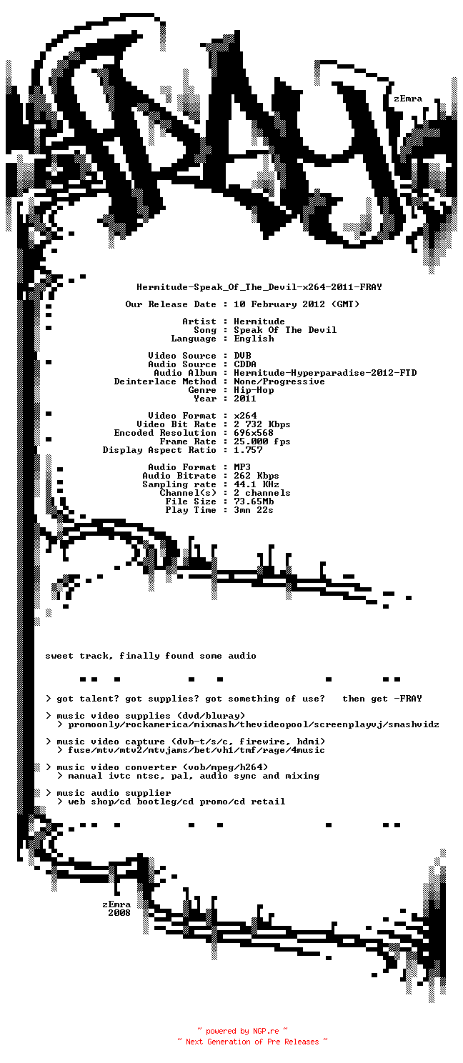 NFO for the release Hermitude-Speak_Of_The_Devil-x264-2011-FRAY by FRAY