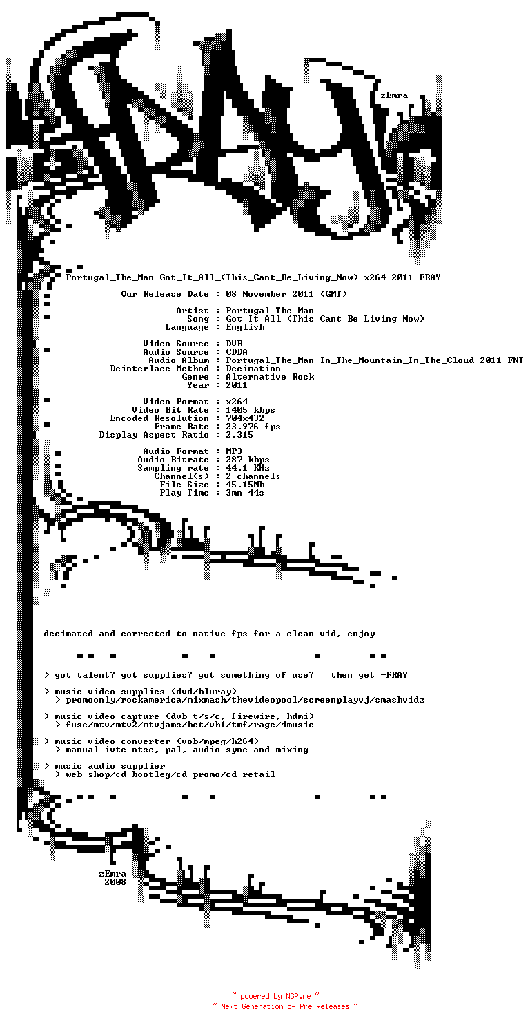 NFO for the release Portugal_The_Man-Got_It_All_(This_Cant_Be_Living_Now)-x264-2011-FRAY by FRAY