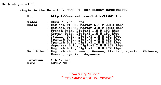 NFO for the release Singin.in.the.Rain.1952.COMPLETE.UHD.BLURAY-B0MBARDiERS by B0MBARDiERS